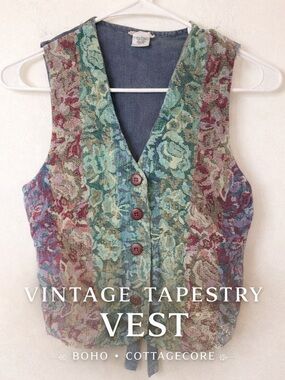 Vintage Tapestry Vest Floral Boho Cottagecore Button Front Size S/M
